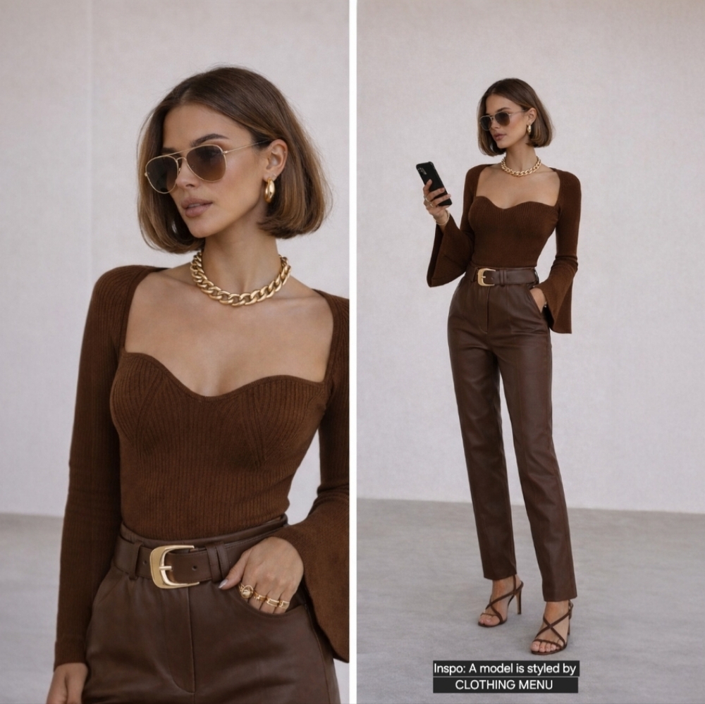 H&M Chocolate Brown Ribbed Knit Sweetheart Top Slim Fit Bell Sleeves Size Small